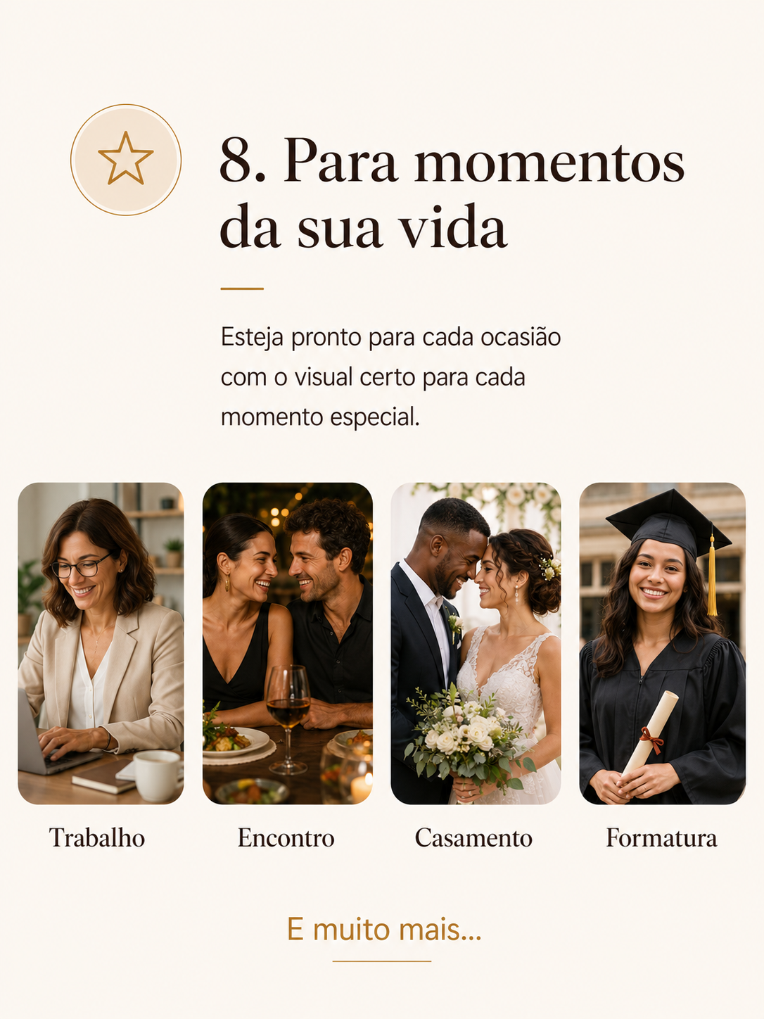 Possibilidades visuais para trabalho, encontros, casamento, formatura e outros momentos.